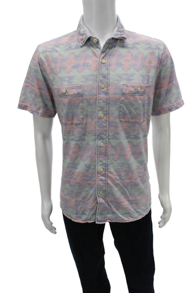 Faherty Mens Button-Down Light Blue Aztec Cotton Short Sleeve Shirt Size L