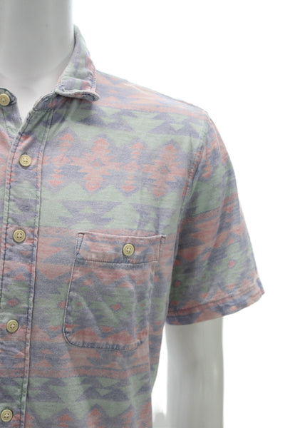 Faherty Mens Button-Down Light Blue Aztec Cotton Short Sleeve Shirt Size L