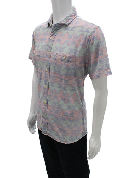 Faherty Mens Button-Down Light Blue Aztec Cotton Short Sleeve Shirt Size L