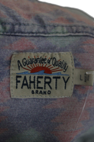 Faherty Mens Button-Down Light Blue Aztec Cotton Short Sleeve Shirt Size L