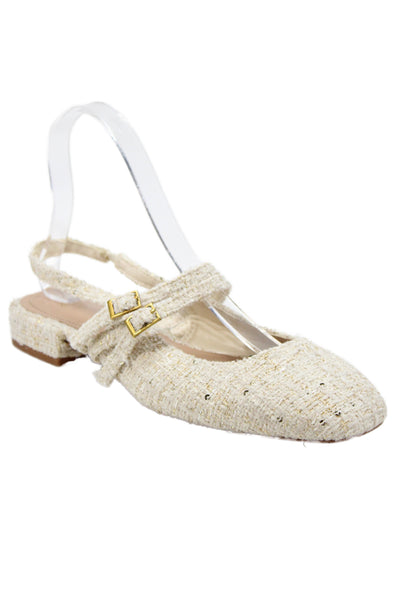 Zara Womens Tweed Sequins Detail Flat Slingbacks Sandals Shoes Cream Size 8