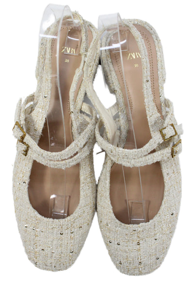 Zara Womens Tweed Sequins Detail Flat Slingbacks Sandals Shoes Cream Size 8