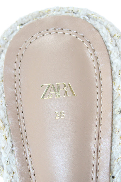 Zara Womens Tweed Sequins Detail Flat Slingbacks Sandals Shoes Cream Size 8