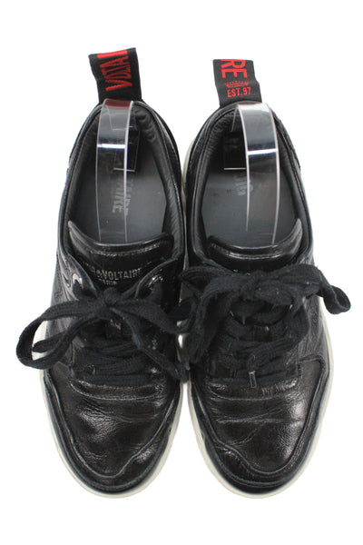 Zadig & Voltaire Womens Shiny Leather Low Top Sneakers Shoes Black Size 9