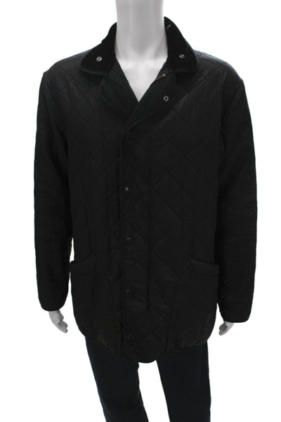 Barbour Mens Quilted Jacket Black Argyle Collared Cotton Button Size M