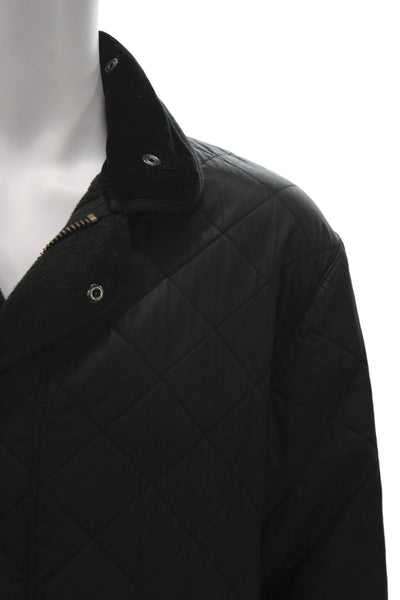 Barbour Mens Quilted Jacket Black Argyle Collared Cotton Button Size M