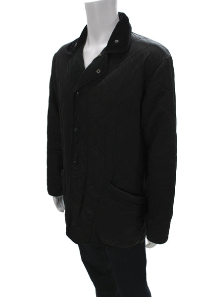Barbour Mens Quilted Jacket Black Argyle Collared Cotton Button Size M