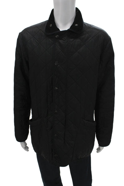 Barbour Mens Quilted Jacket Black Argyle Collared Cotton Button Size M