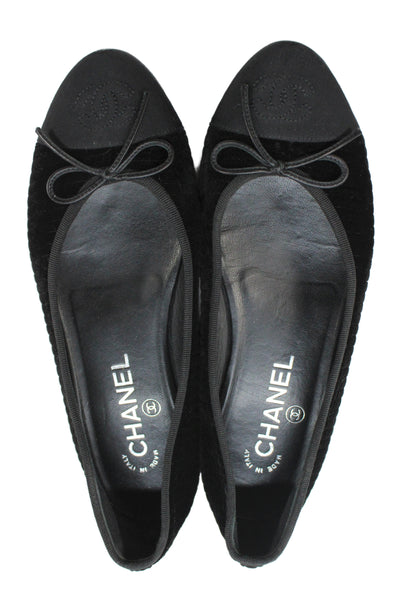 Chanel Womens Velvet String Bow Slide On Ballet Flats Black Size 37 7