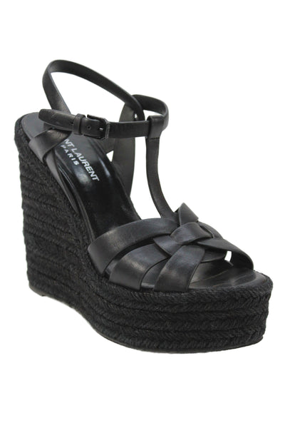 Saint Laurent Womens Leather Platform Espadrille Wedge Sandals Black Size 38 8