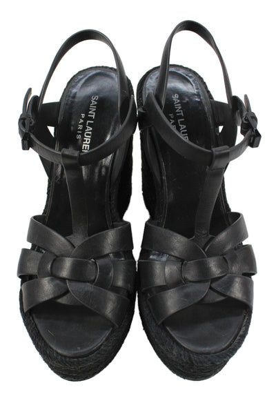 Saint Laurent Womens Leather Platform Espadrille Wedge Sandals Black Size 38 8