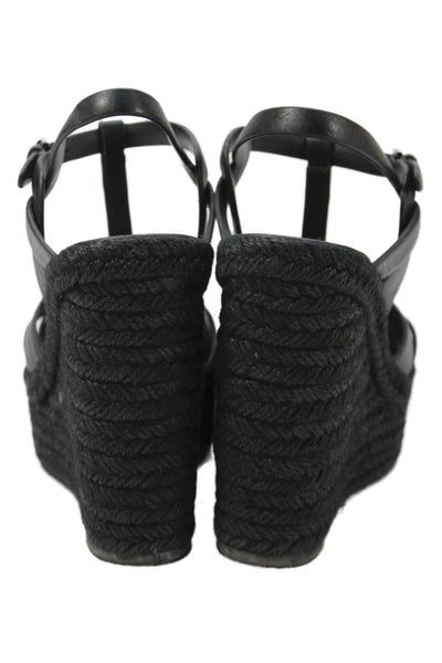 Saint Laurent Womens Leather Platform Espadrille Wedge Sandals Black Size 38 8