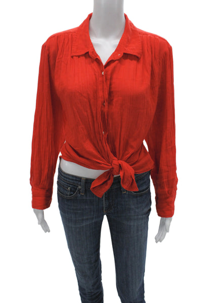 The Great Women Designer Red Linen Collared Button Up Blouse Long Sleeve Size 2