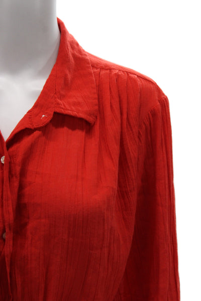 The Great Women Designer Red Linen Collared Button Up Blouse Long Sleeve Size 2