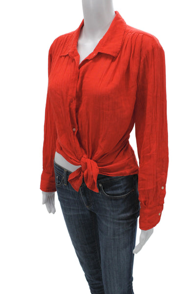 The Great Women Designer Red Linen Collared Button Up Blouse Long Sleeve Size 2