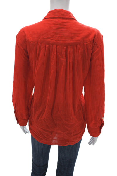 The Great Women Designer Red Linen Collared Button Up Blouse Long Sleeve Size 2