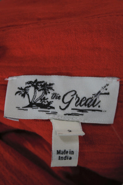 The Great Women Designer Red Linen Collared Button Up Blouse Long Sleeve Size 2