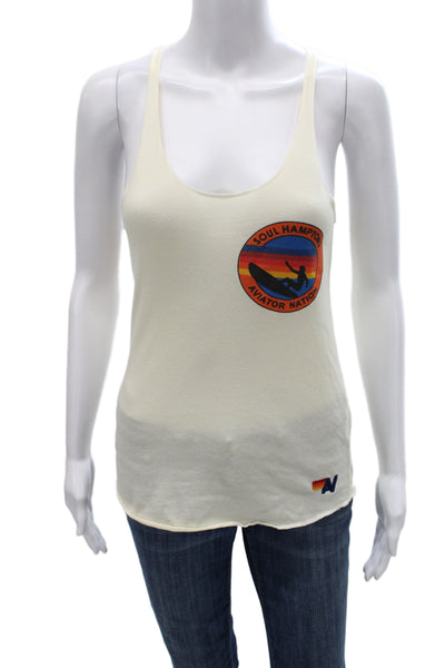 Aviator Nation Women Beige Graphic Beach Basic Camisole Size M