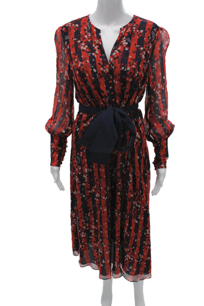Boden Women Shirt Dress Dark Blue Floral V-Neck Long Sleeve Silk Tie Size 6