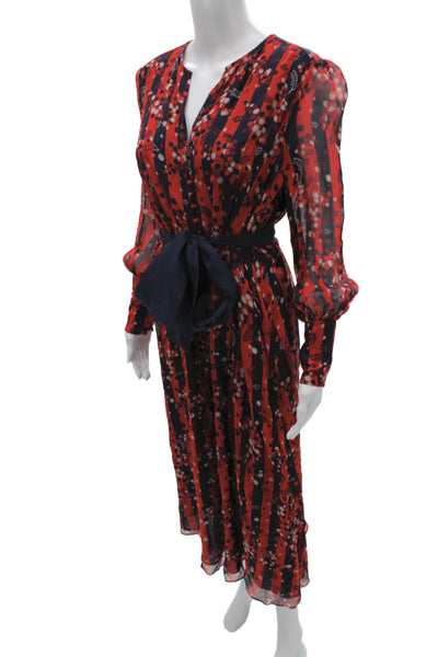 Boden Women Shirt Dress Dark Blue Floral V-Neck Long Sleeve Silk Tie Size 6