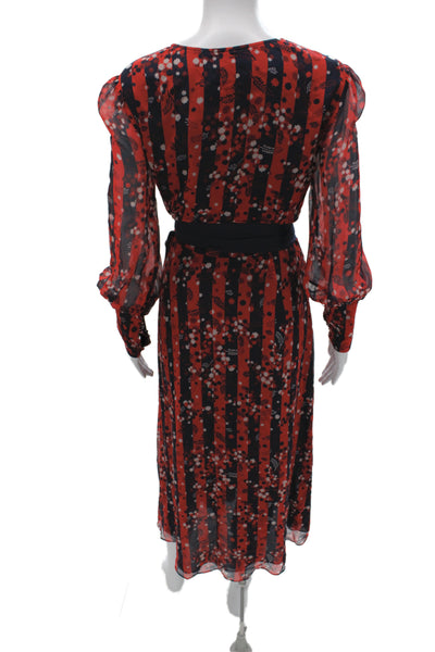 Boden Women Shirt Dress Dark Blue Floral V-Neck Long Sleeve Silk Tie Size 6
