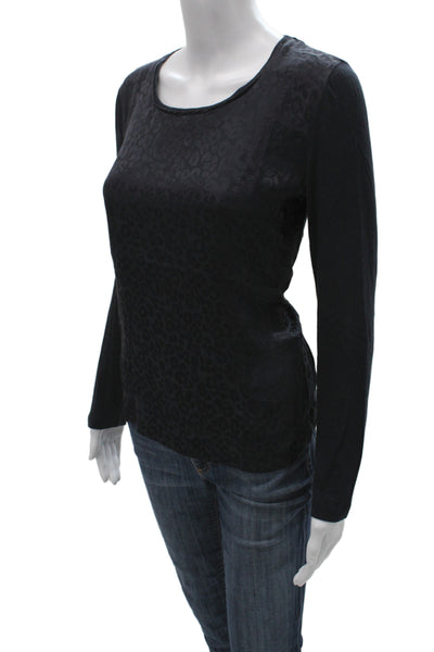 Gerard Darel Women Basic Black Silk Leopard Print Long Sleeve T-Shirt Size 2