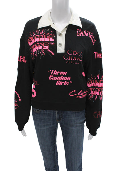Chanel Women Pullover Black Collared Graphic Long Sleeve Cotton Size XS