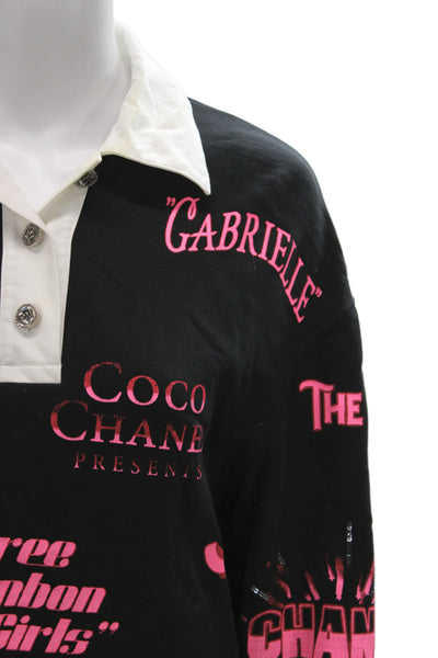 Chanel Women Pullover Black Collared Graphic Long Sleeve Cotton Size XS