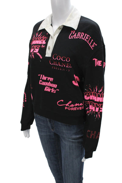 Chanel Women Pullover Black Collared Graphic Long Sleeve Cotton Size XS