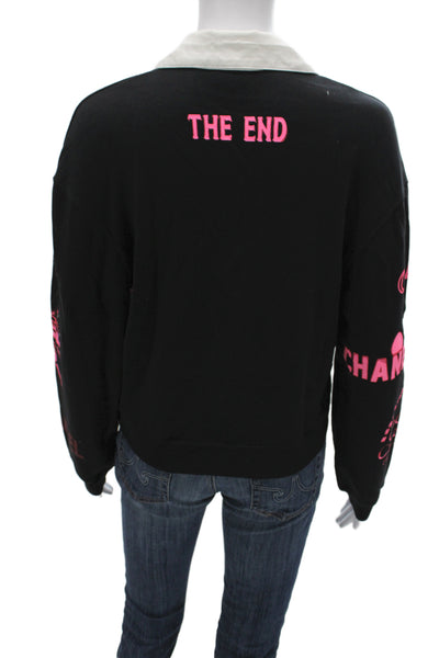 Chanel Women Pullover Black Collared Graphic Long Sleeve Cotton Size XS