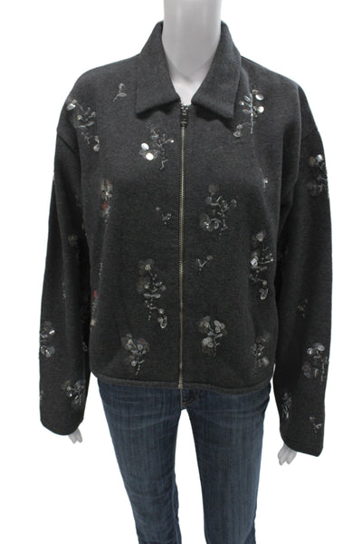 J Crew Unisex Full Zip Cardigan Dark Gray Wool Blend Floral Long Sleeve Size M