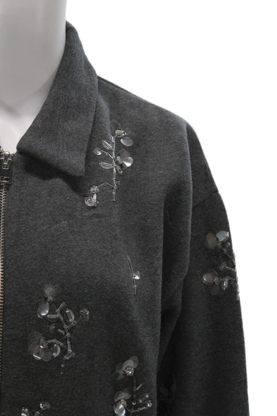 J Crew Unisex Full Zip Cardigan Dark Gray Wool Blend Floral Long Sleeve Size M