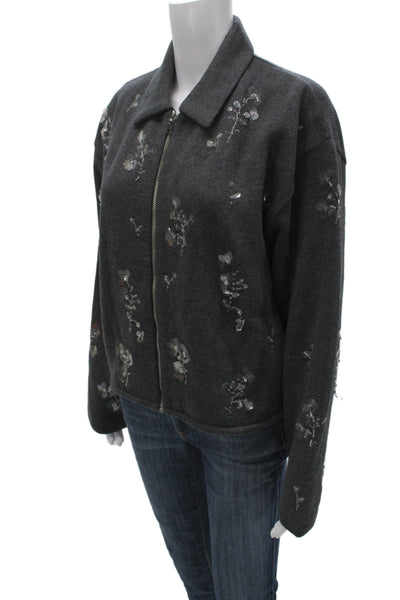 J Crew Unisex Full Zip Cardigan Dark Gray Wool Blend Floral Long Sleeve Size M
