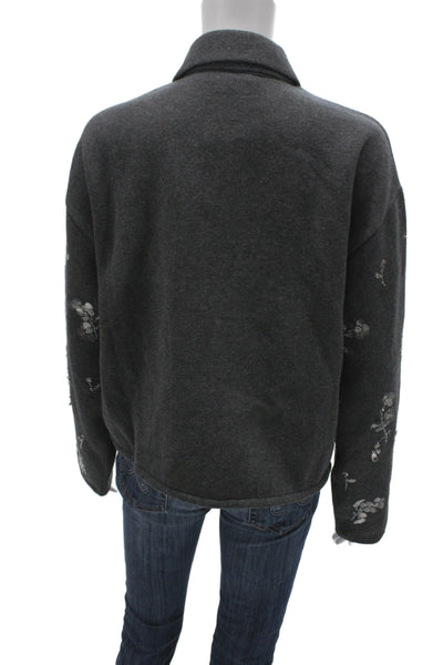 J Crew Unisex Full Zip Cardigan Dark Gray Wool Blend Floral Long Sleeve Size M