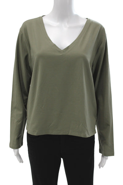 Athleta Womens V-Neck Long Sleeve Basic T-Shirt Green Supima Cotton Size L