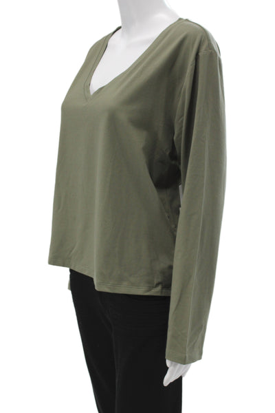 Athleta Womens V-Neck Long Sleeve Basic T-Shirt Green Supima Cotton Size L