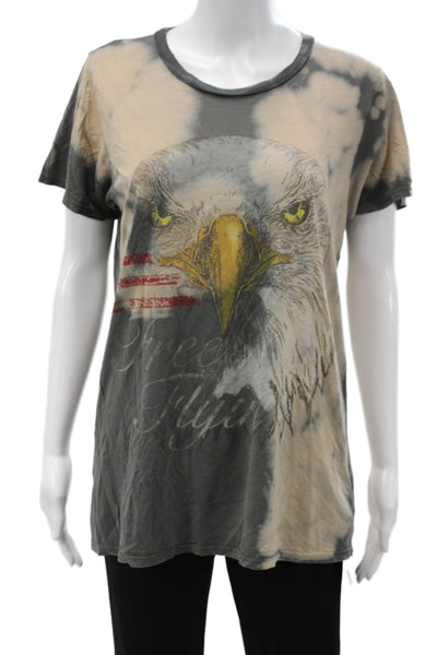 Lauren Moshi Women Beige Graphic Bird T-Shirt Short Sleeve Tencel Cotton Size M