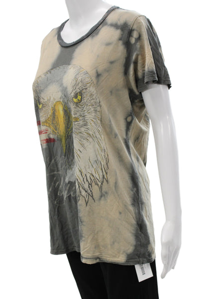 Lauren Moshi Women Beige Graphic Bird T-Shirt Short Sleeve Tencel Cotton Size M