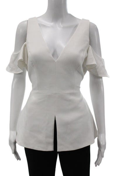 BCBGMAXAZRIA Womens White V-Neck Sleeveless Polyester Blouse Designer Size M