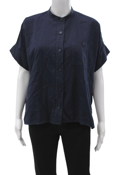 Everlane Women Dark Blue High Neck Short Sleeve Cotton Button Up Blouse Size 4
