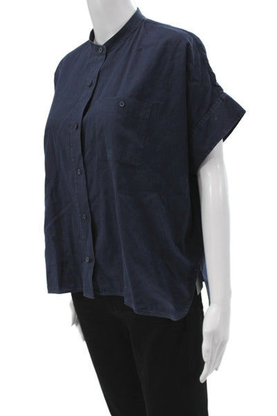 Everlane Women Dark Blue High Neck Short Sleeve Cotton Button Up Blouse Size 4
