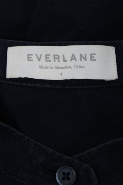 Everlane Women Dark Blue High Neck Short Sleeve Cotton Button Up Blouse Size 4