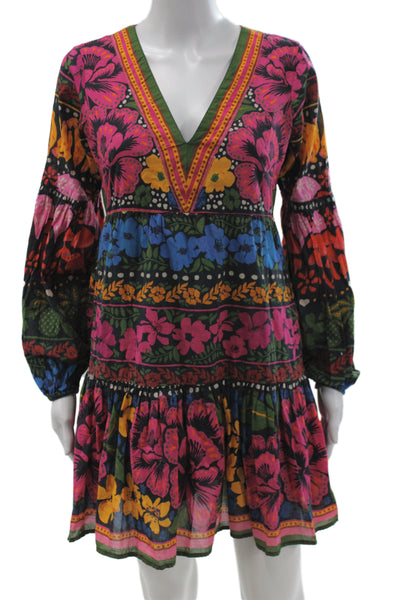 Farm Rio Women Black Floral V Neck Long Sleeve Mini Shift Dress Size PS
