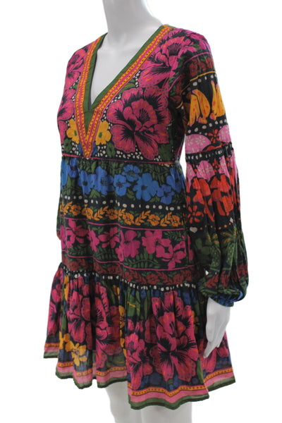 Farm Rio Women Black Floral V Neck Long Sleeve Mini Shift Dress Size PS