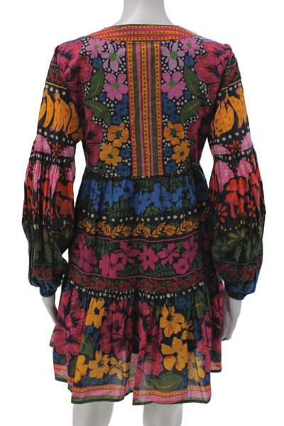 Farm Rio Women Black Floral V Neck Long Sleeve Mini Shift Dress Size PS