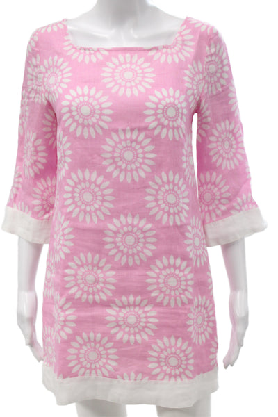 Island Company Womens Shift Dress Pink Linen Long Sleeve Floral Short Size XS