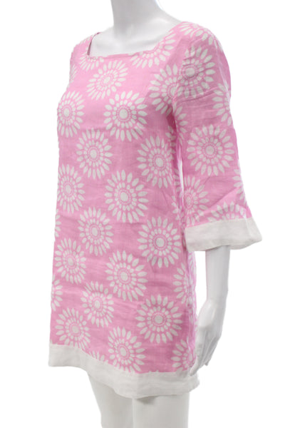 Island Company Womens Shift Dress Pink Linen Long Sleeve Floral Short Size XS