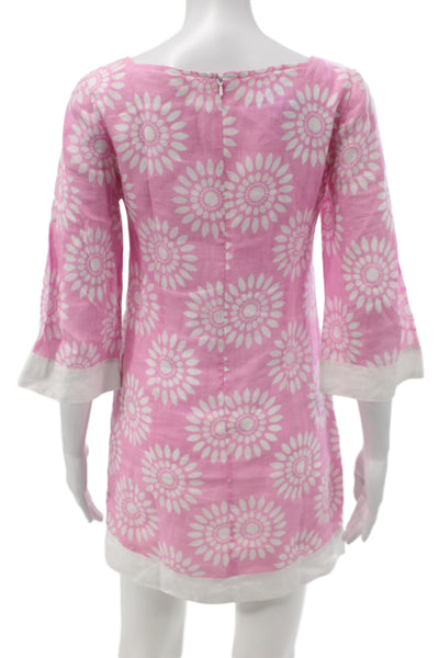 Island Company Womens Shift Dress Pink Linen Long Sleeve Floral Short Size XS
