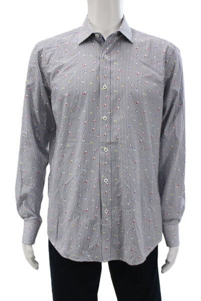 Bugatchi Mens Point Collar Geometric Cotton Button-Up Long Sleeve Blue Size M