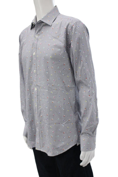 Bugatchi Mens Point Collar Geometric Cotton Button-Up Long Sleeve Blue Size M